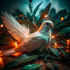 white dove perched among green leaves with glowing string lights in peaceful festive nature scene
