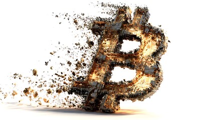 Fiery Bitcoin Symbol Exploding into Molten Fragments on Photo White cryptocurrency digital currency