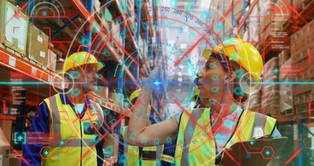 On reaching rack, supervisor raising arm, pointing at shelf, cycling HUD verifying inventory audit - Powered by Adobe