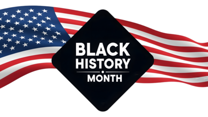 Black history month american flag with text on black diamond shape on transparent background