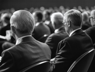 A group of men sitting and listening at a meeting