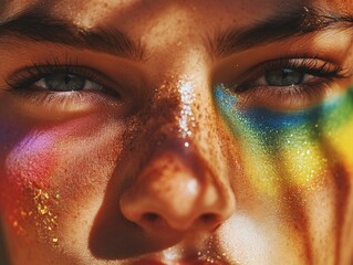 This image captures the essence of vibrant festival beauty with its striking rainbow glitter makeup. The woman's face is adorned in an alluring mix of colors that shimmer and glow