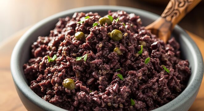 Delicious homemade tapenade spread made from chopped Kalamata olives with capers served.