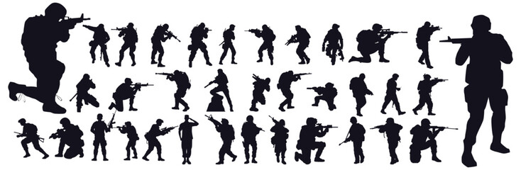 Fototapeta premium Soldier and Military Personnel Silhouette Collection with Tactical Gear and Rifles