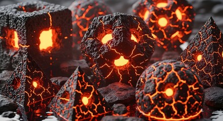 Abstract collection of dark, craggy geometric shapes resembling cooling volcanic rock glowing intensely with internal orange molten magma light