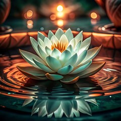 white lotus flower glowing on calm water with warm lights in peaceful spiritual nature scene