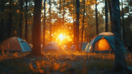 A serene campsite during sunset with multiple tents set up among trees and campfires glowing warmly in a wooded area.