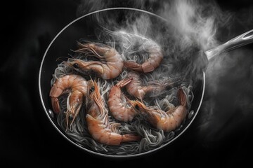 Delicious shrimp and noodles sizzling in a pan. A close-up view of an authentic Asian dish being cooked on the stove.