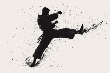 An intense martial arts action shot of a karateka executing a high kick.