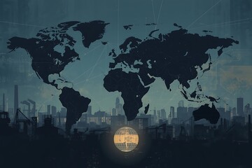 Generative AI Global Map Over City Skyline with Sunset View