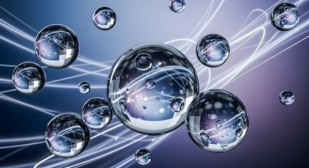 Abstract collection of various sized metallic or clear liquid spheres suspended in a soft gradient background creating a mesmerizing futuristic visual effect