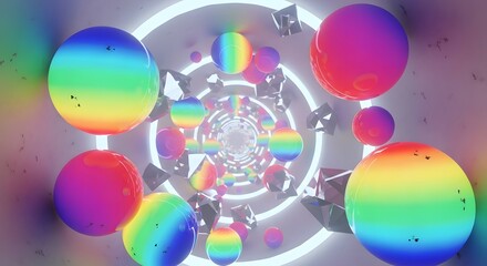 Vibrant rainbow spheres and geometric crystals floating through a surreal illuminated tunnel creating an abstract and colorful digital motion background experience