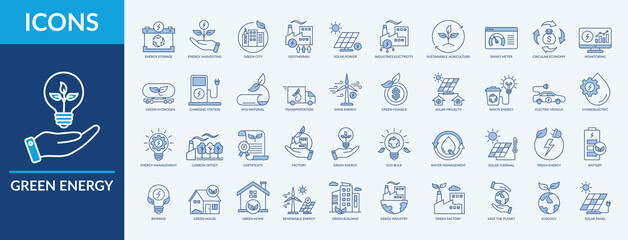 Green energy - Icon Collection. Thin Line Blue Set contains such Icons as Solar Power, eco material, Green Hydrogen and more. Simple web icons set