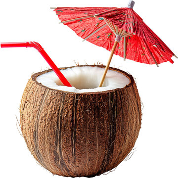 coconut water with straw and cocktail umbrella