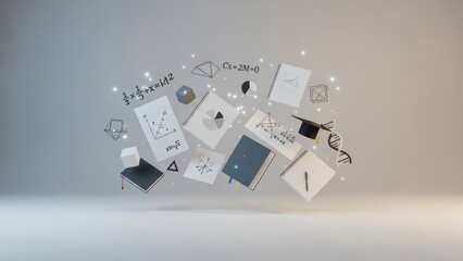 Education, Science, and Math Concepts Floating with Formulas, Graphs, DNA, and Graduation Cap