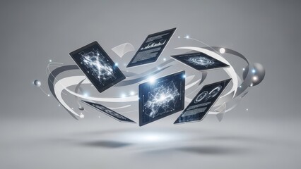 Futuristic Digital Tablets Displaying Global Network and Data Visualization, Hovering in Abstract Sci-Fi Environment