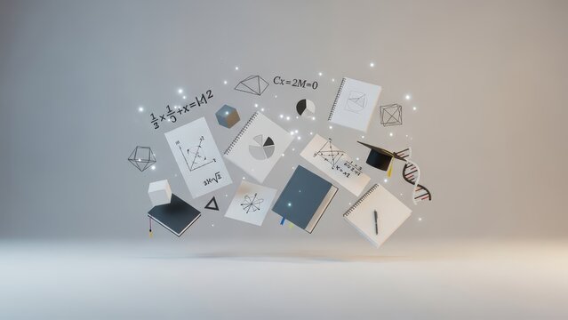 Education, Science, and Math Concepts Floating with Formulas, Graphs, DNA, and Graduation Cap