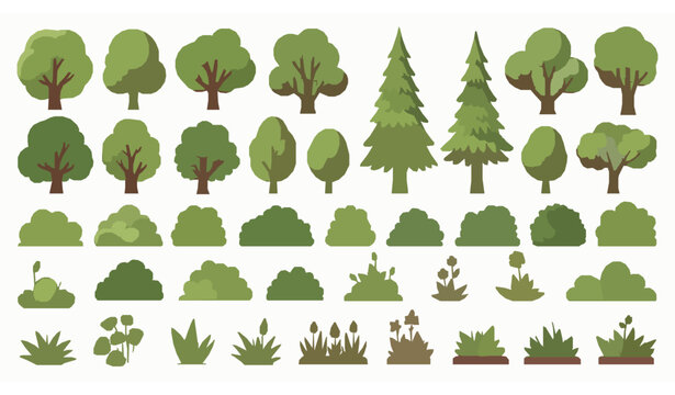 Stylized cartoon trees and bushes vector illustration set with decorative plant shapes for 2D design