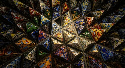 Intricate geometric kaleidoscope pattern features three dimensional triangular modules adorned with vibrant abstract stained glass mosaic textures creating depth and rich color.