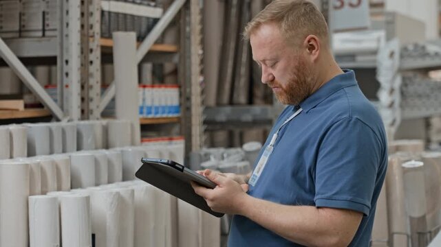 Side view shot of mature shop assistant dressed in blue t-shirt checking inventory on tablet