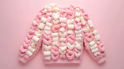 A soft pink and white sweater made of fluffy marshmallow treats. playful fusion concept of food and fashion