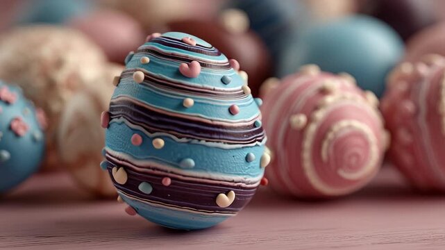 Vibrantly decorated easter eggs feature intricate patterns and pastel colors, capturing the festive spirit of the holiday. the eggs are adorned with swirls and dots, showcasing a variety of textures o