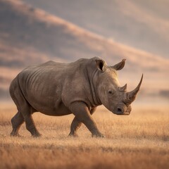 Obraz premium A rhino moves through grasslands with mountains in the background during the evening light