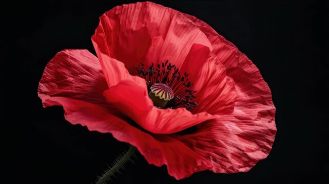 The shows a detailed view of a single poppy flower in full bloom. The petals are vividly red and the stamens are clearly visible, adding to the overall beauty of the blossom.