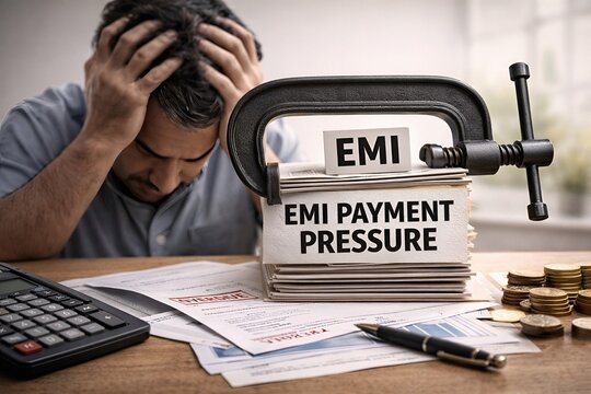 Stressed man facing EMI payment pressure with financial documents squeezed in a metal clamp, debt burden and overdue loan concept, generative AI