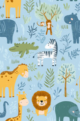 Fototapeta premium Safari animals pattern with giraffes, elephants, and lions on a light blue background. Cute cartoon jungle animals seamless pattern