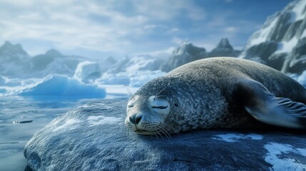 A peaceful scene of a seal resting on an icy rock in the ocean.