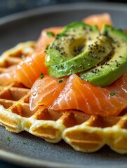 This image captures a mouth-watering breakfast plate featuring a golden waffle topped with succulent slices of smoked salmon and creamy avocado.