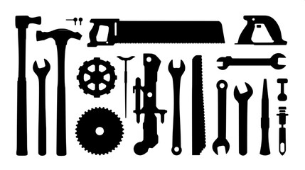 Carpentry and mechanical tools in black silhouette, arranged neatly, vector clipart style, high contrast