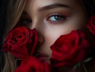 A close-up image of a beautiful woman's face as she gazes into the distance, surrounded by vibrant red roses. The depth of field creates a soft blur in the background