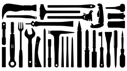 Carpentry and mechanical tools in black silhouette, arranged neatly, vector clipart style, high contrast