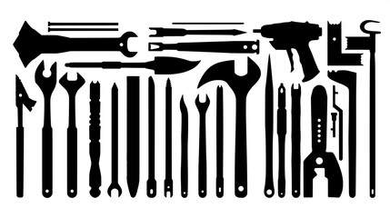 Carpentry and mechanical tools in black silhouette, arranged neatly, vector clipart style, high contrast