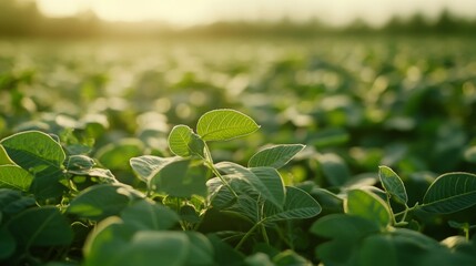 Close-up of plants emerging from soil with sunlit horizon in background.