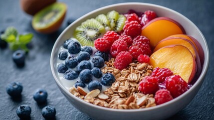 A vibrant assortment of colorful fruits and crunchy granola make up this nutritious and visually appealing breakfast dish. The combination of blueberries, raspberries, kiwi slices, peaches