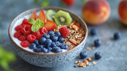 A vibrant bowl of fresh fruit including raspberries, blueberries, strawberries, kiwi, peaches, and granola, topped with yogurt, creating a delicious and healthy breakfast or snack.