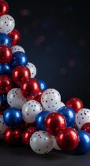 Colorful balloons in red, white, and blue stacked on dark background  