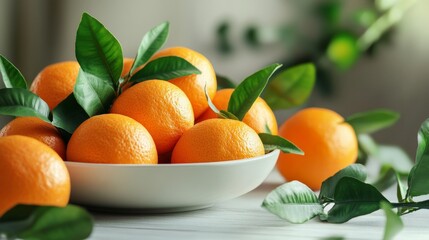 A bowl of oranges with leaves on a tabletop.
