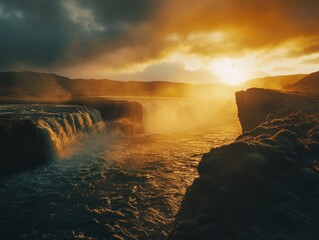 Stunning landscape shot of a waterfall during an intense sunset.
