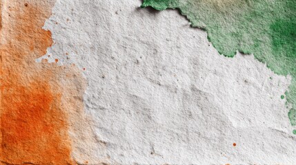 India Republic Day, Independence Day concept. Abstract watercolor background with saffron and green tricolor flag colors on white paper, wall.	
