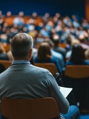 A man dressed in a gray sweater with white shirt collar and jeans, is seated in the front row of an audience during a conference or seminar. He is attentively looking down at papers while