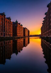 Capturing the historic waterfront architecture of a major port city, featuring classic brick industrial buildings reflecting in still dock water at sunset, vessel, transportation, reflection