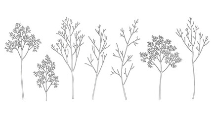 Obraz premium Row of six stylized monochromatic tree illustrations with distinct branching and foliage density, highlighting morphological diversity for botanical comparison, design reference, and artistic inspirat