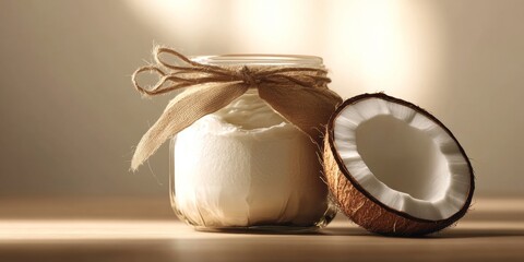 A pair of mason jars filled with a creamy substance, sitting next to opened coconuts on a wooden surface.
