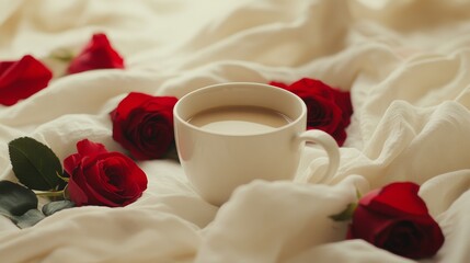 A cup of coffee placed on a bed surrounded by red roses, creating an intimate and romantic atmosphere for the holiday.