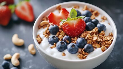 Delicious and nutritious breakfast bowl made with yogurt, granola, strawberries, and blueberries. Perfect for a quick and satisfying start to the day.
