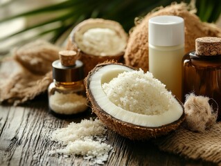A collection of coconut products on a wooden surface.